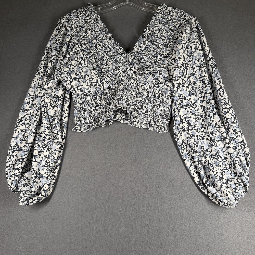 Abercrombie & Fitch Blouse Womens Small Blue Floral Smocked Long Sleeve Crop Top